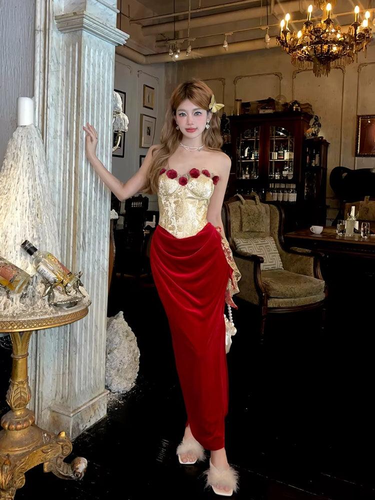 Rose Velvet Corset Midi Dress Red / L