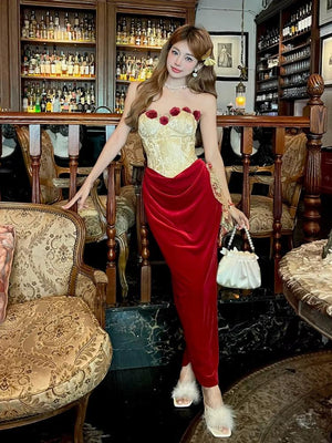 Rose Velvet Corset Midi Dress view 5 | MAUVSTUDIO®