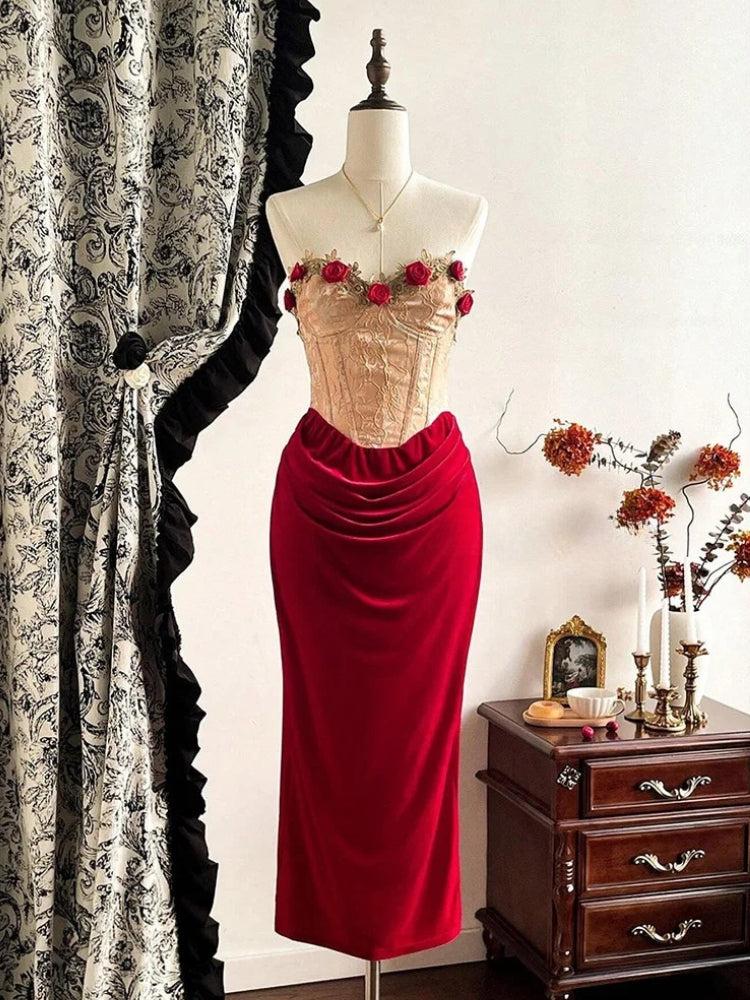 Rose Velvet Corset Midi Dress view 6 | MAUVSTUDIO®