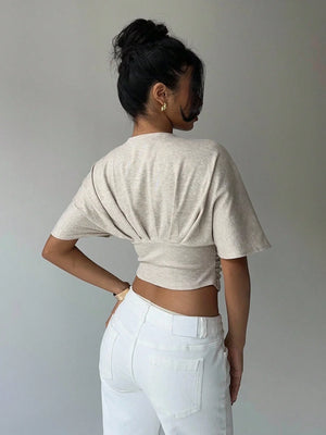 Ruched V Neck Crop Top with cropped cut, Y2K crop top styled with low rise bottoms