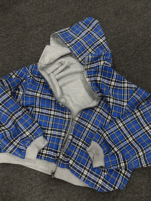 Y2K Plaid Double-Sided Zip-Up Hoodie close up detail | MAUVSTUDIO®