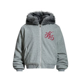 Y2K Faux Fur Hooded Letter Embroidery Jacket