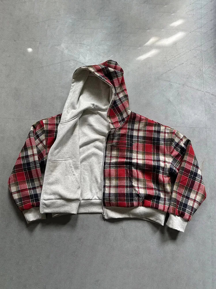 Y2K Plaid Double-Sided Zip-Up Hoodie alternate angle | MAUVSTUDIO®
