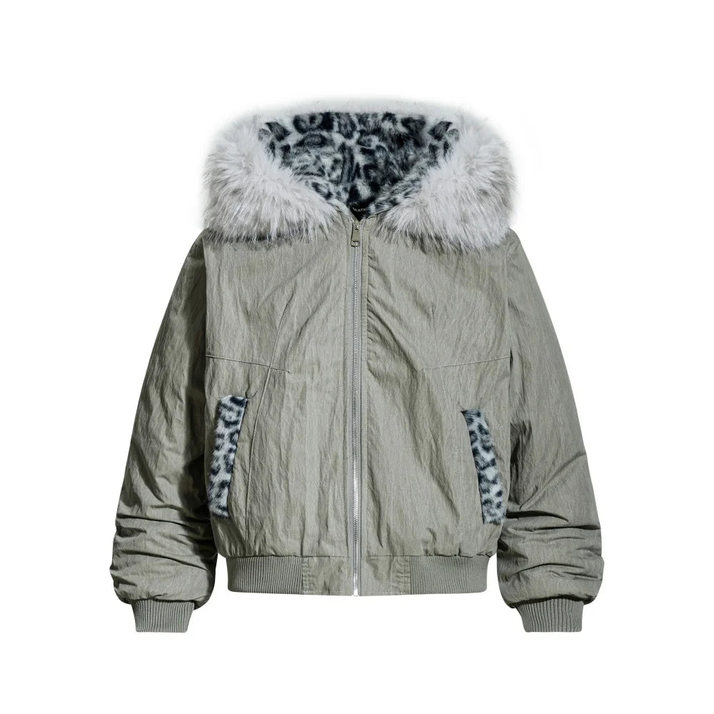 Y2K Leopard Fur Hooded Ma-1 Bomber Jacket Oversize
