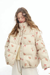 Y2K Bow Print Puffer Jacket with Stand Collar