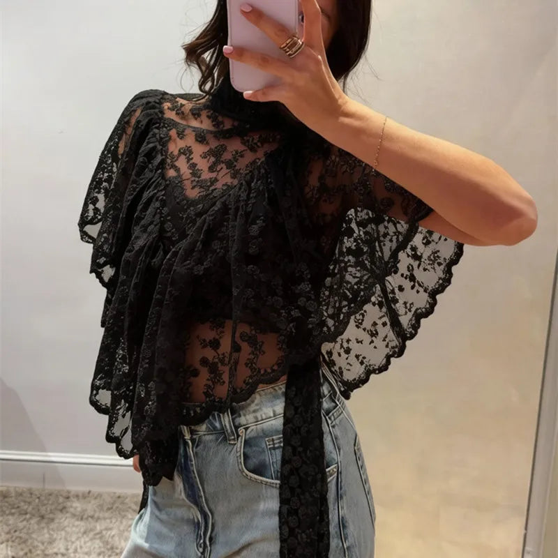 Y2K Floral Lace See-Through Asymmetrical Shawl Top