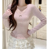 Coquette Bow Crop Knit V-Neck Sweater