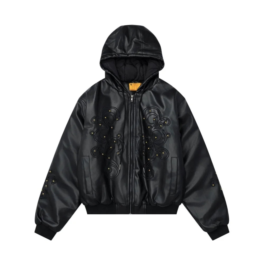 Y2K Embroidered Quilted PU Leather Hooded Jacket – MAUVSTUDIO® Y2K Embroidered Quilted PU Leather Hooded Jacket – MAUVSTUDIO®