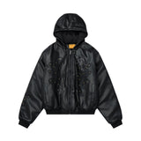 Y2K Embroidered Quilted PU Leather Hooded Jacket