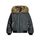 Y2K Leopard Fur Hooded Ma-1 Bomber Jacket Oversize