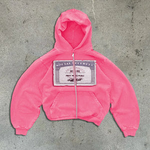 Y2K Printed Zip-Up Street Hoodie close up detail | MAUVSTUDIO®