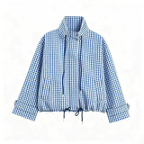 Vintage Plaid Stand Collar Cropped Zip Jacket