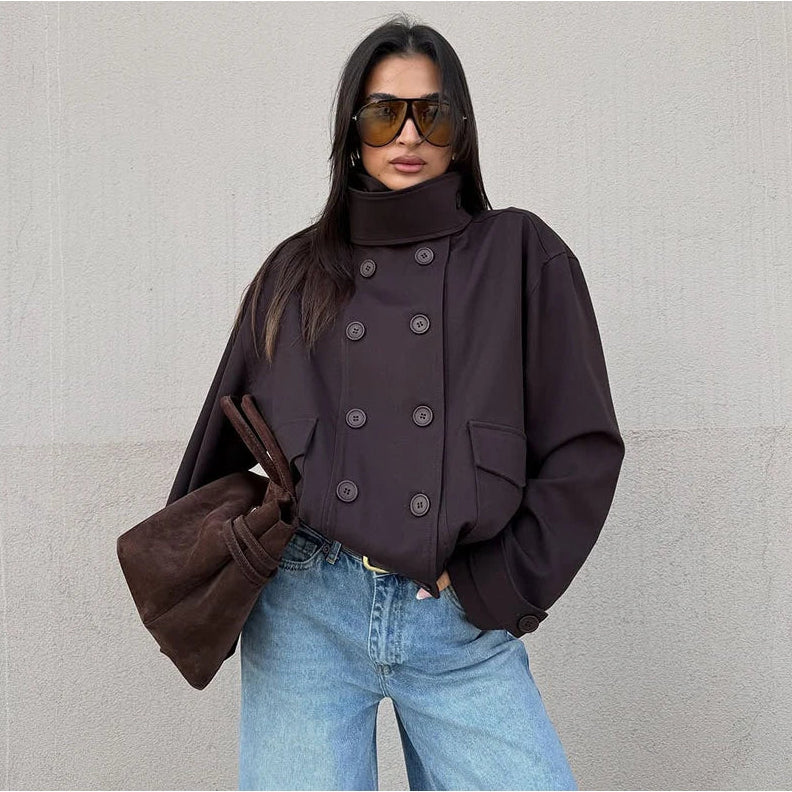 Oversized Cropped Trench Jacket with High Collar