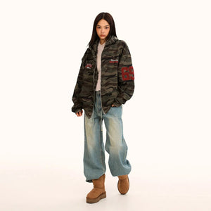 Y2K Camo Zip-Up Loose Hoodie Jacket styled look | MAUVSTUDIO®