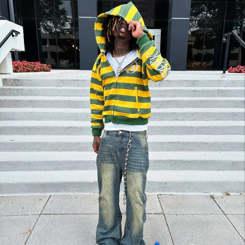 Y2K Stripe Rivet Embroidery Zip Up Hoodie styled look | MAUVSTUDIO®