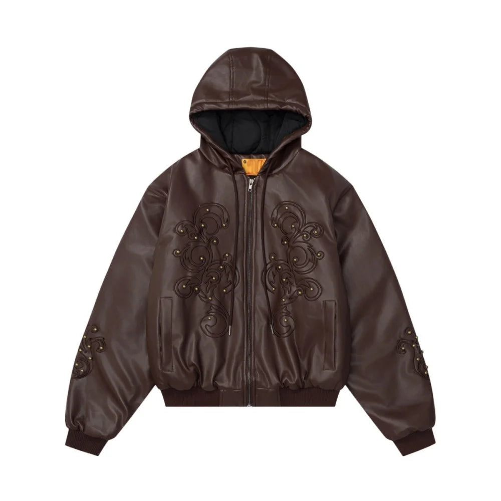 Y2K Embroidered Quilted PU Leather Hooded Jacket