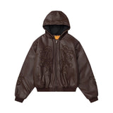 Y2K Embroidered Quilted PU Leather Hooded Jacket