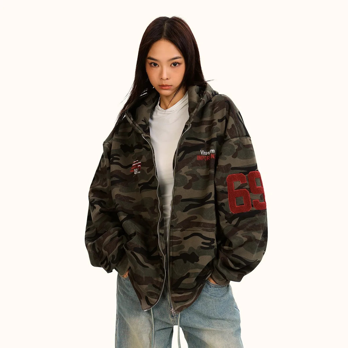Y2K Camo Zip-Up Loose Hoodie Jacket side view | MAUVSTUDIO®