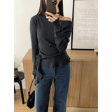 Off Shoulder Ruffle Lace Up Knit Sweater