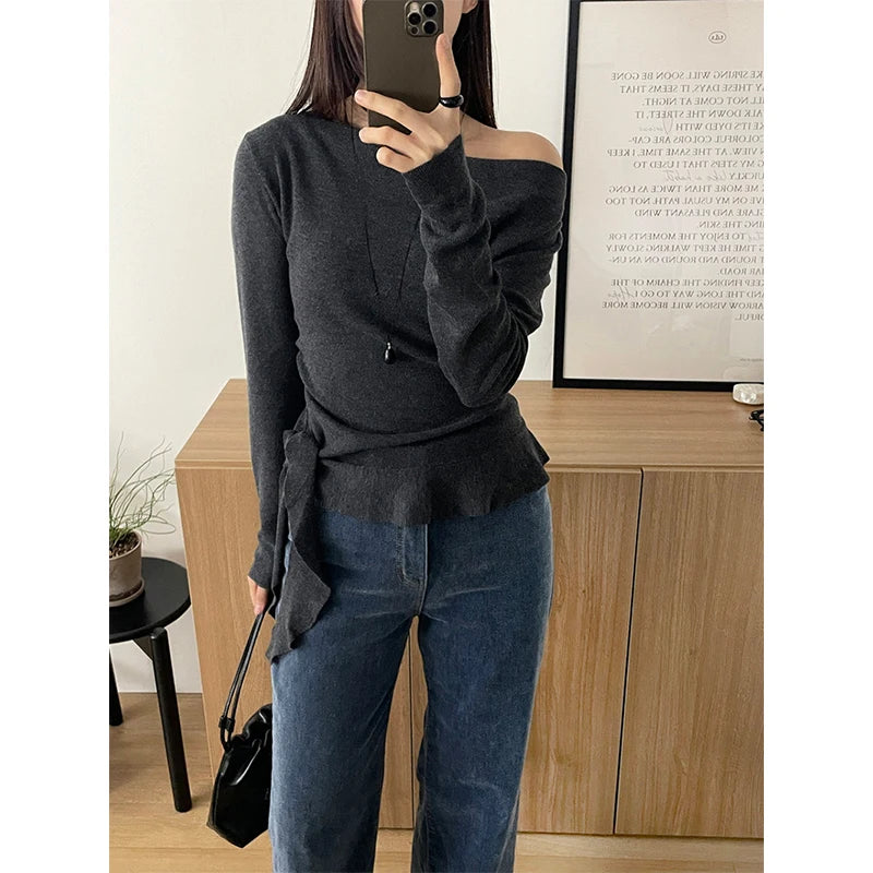 Off Shoulder Ruffle Lace Up Knit Sweater