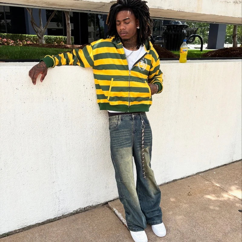 Y2K Stripe Rivet Embroidery Zip Up Hoodie alternate angle | MAUVSTUDIO®