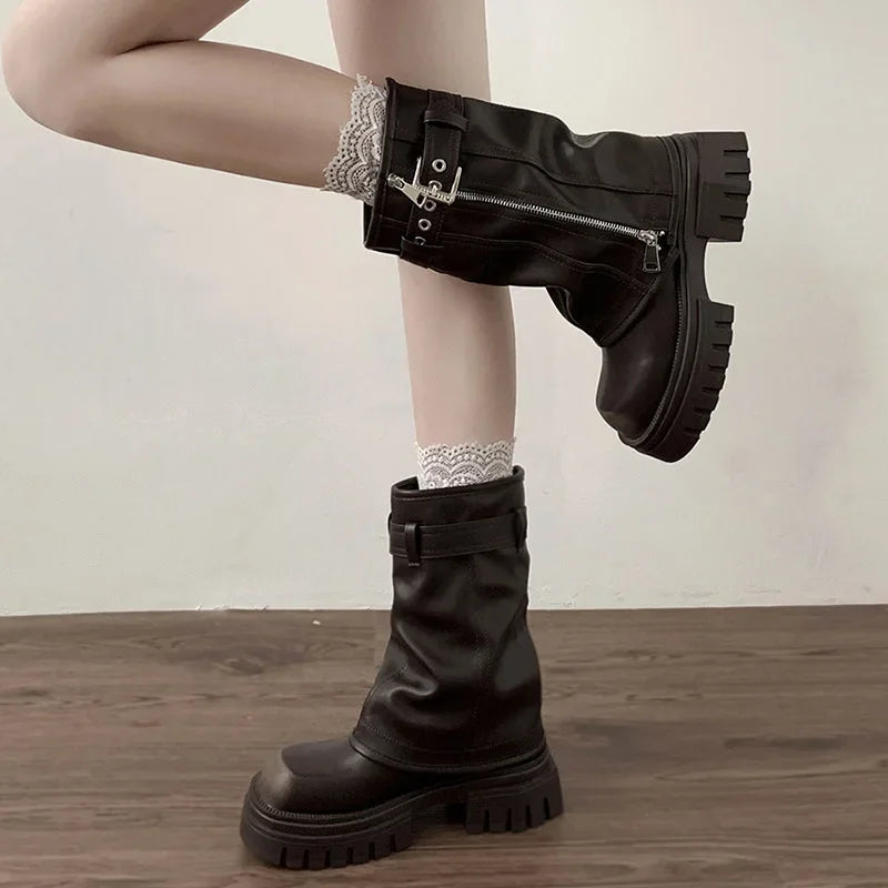 Y2K Belt Buckle Platform Biker Booties