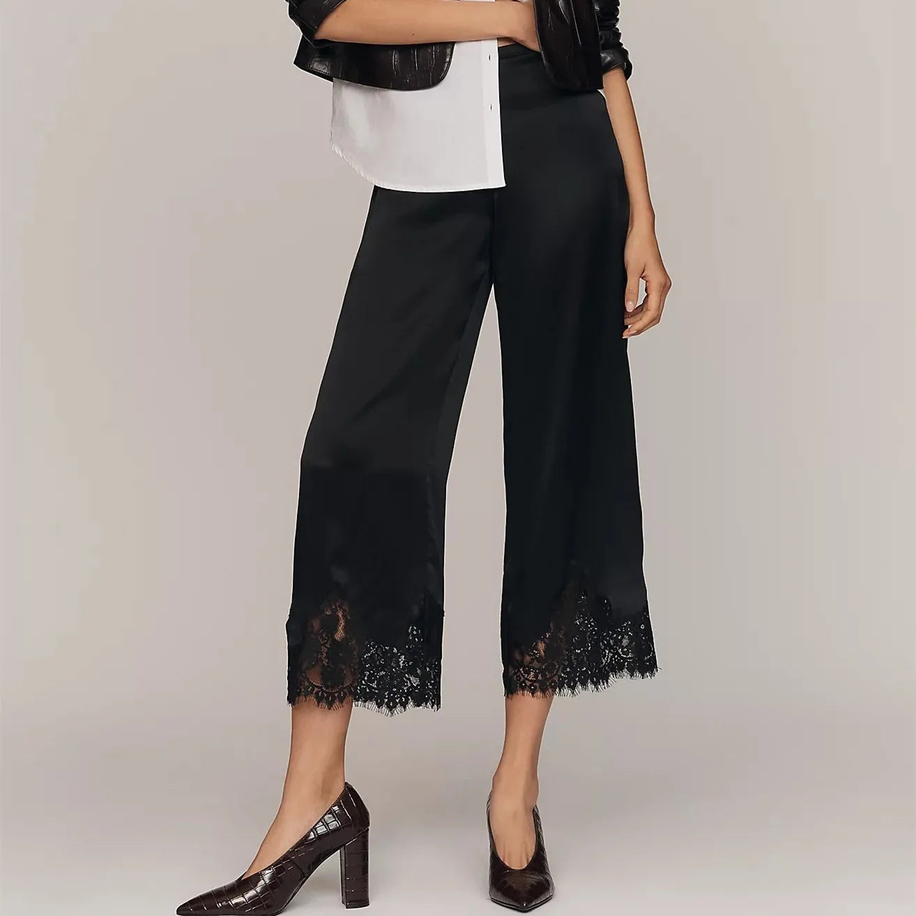 Y2K Satin Lace Trim Wide Leg Pants
