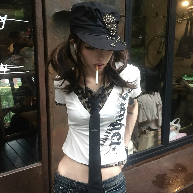 Y2K Leopard Patchwork Fake Two-Piece Crop Tee