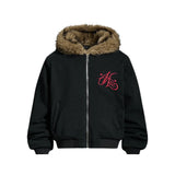 Y2K Faux Fur Hooded Letter Embroidery Jacket