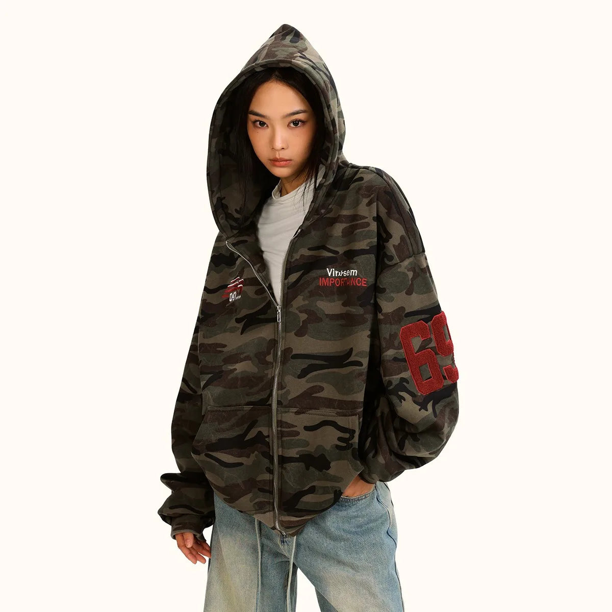Y2K Camo Zip-Up Loose Hoodie Jacket alternate angle | MAUVSTUDIO®