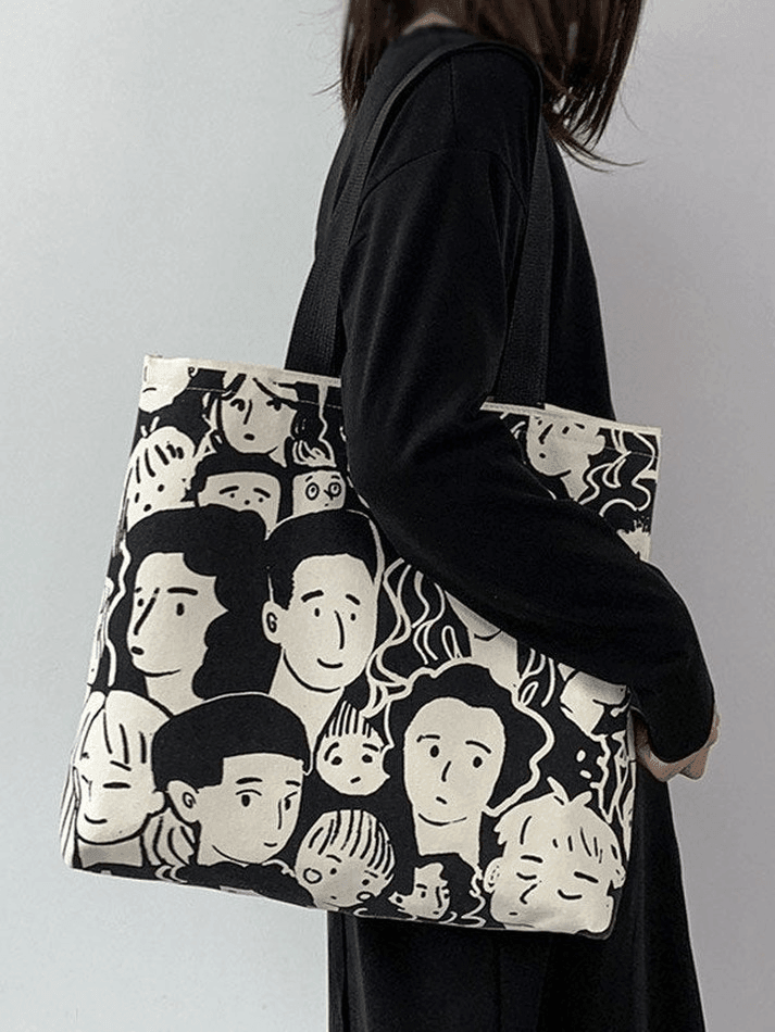Sac cabas en toile à imprimé visage monochrome-Bags-MAUV STUDIO-STREETWEAR-Y2K-CLOTHING