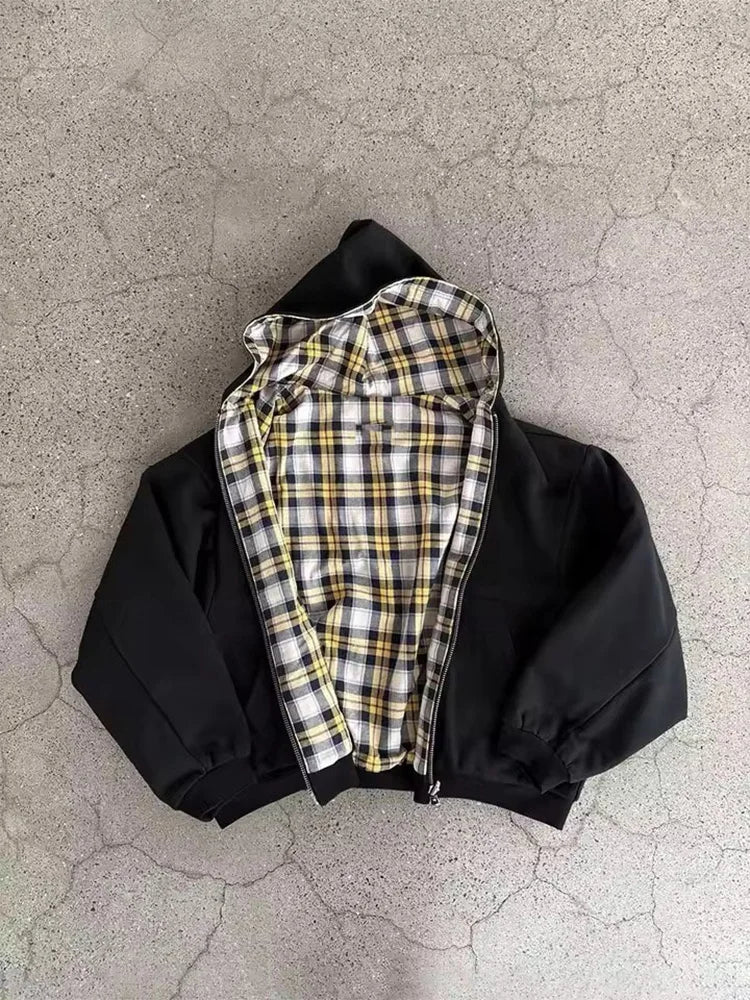 Y2K Plaid Double-Sided Zip-Up Hoodie | MAUVSTUDIO®