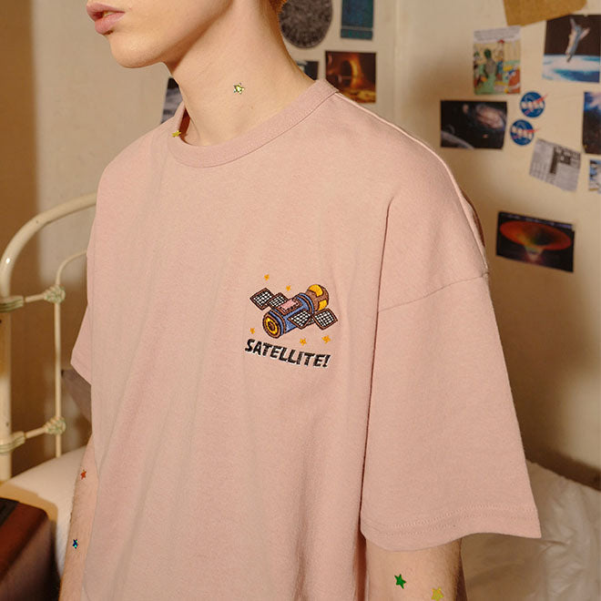 Satellite Embroidered T-Shirt-T-Shirts-MAUV STUDIO-STREETWEAR-Y2K-CLOTHING