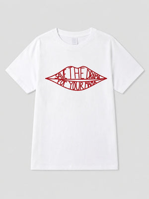 Save The Drama Tee with printed graphic, Y2K baby tee styled with low rise bottoms