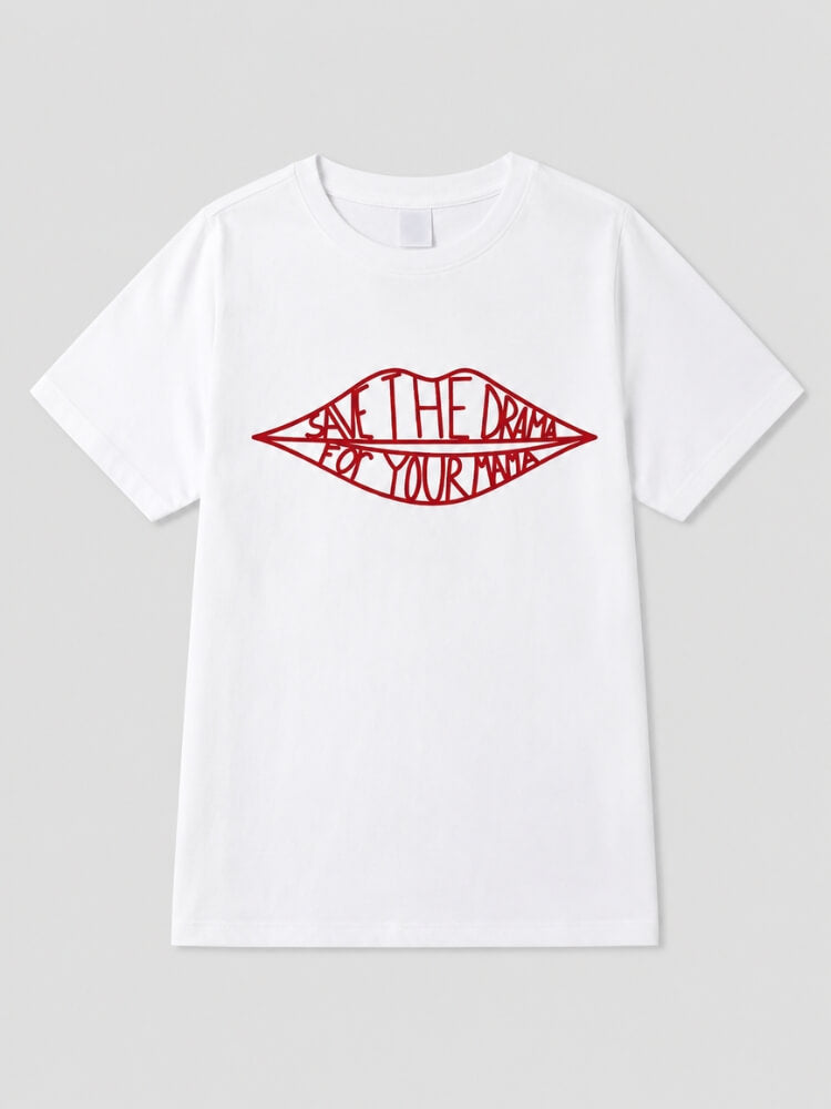 Save The Drama Tee with printed graphic, Y2K baby tee styled with low rise bottoms
