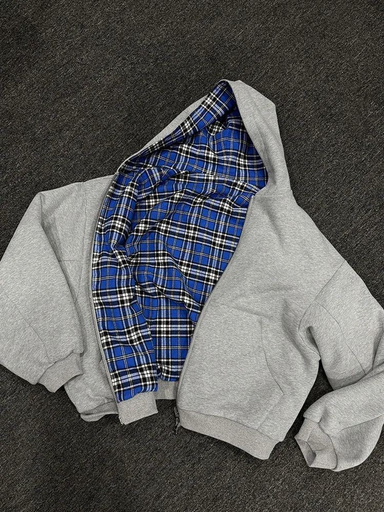 Y2K Plaid Double-Sided Zip-Up Hoodie back view | MAUVSTUDIO®