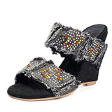 Y2K Crystal Denim Kitten Heel Mule Sandals