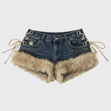 Y2K Fluffy Trim Low-Rise Denim Shorts