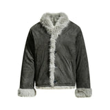 Y2K Faux Suede Jacket with Fur Trim