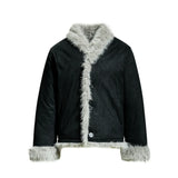 Y2K Faux Suede Jacket with Fur Trim