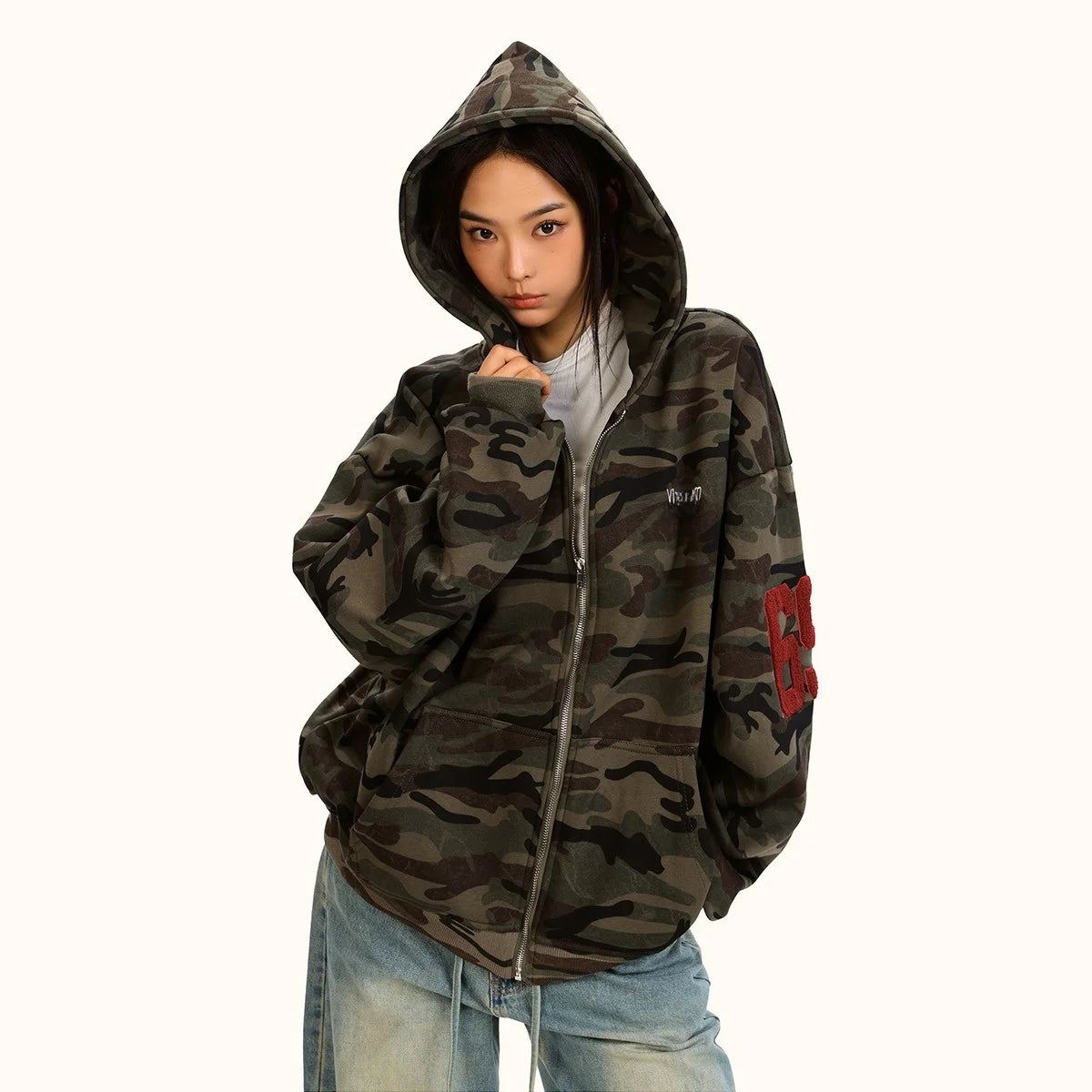 Y2K Camo Zip-Up Loose Hoodie Jacket back view | MAUVSTUDIO®