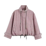 Vintage Plaid Stand Collar Cropped Zip Jacket