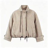Vintage Plaid Stand Collar Cropped Zip Jacket
