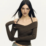 Coquette Y2K Off-Shoulder Cropped Knit Sweater