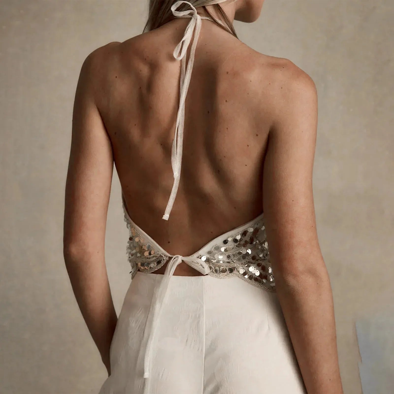 Sequined Backless Halter Top – MAUVSTUDIO®