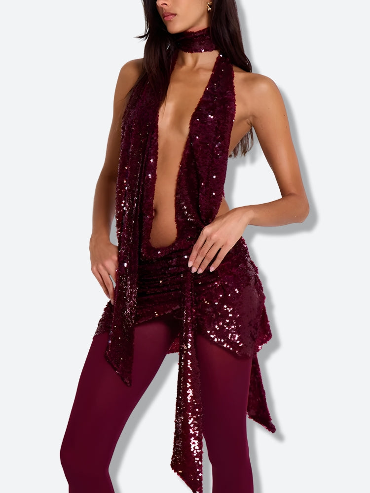 Sequined Backless Mini Dress view 10 | MAUVSTUDIO®