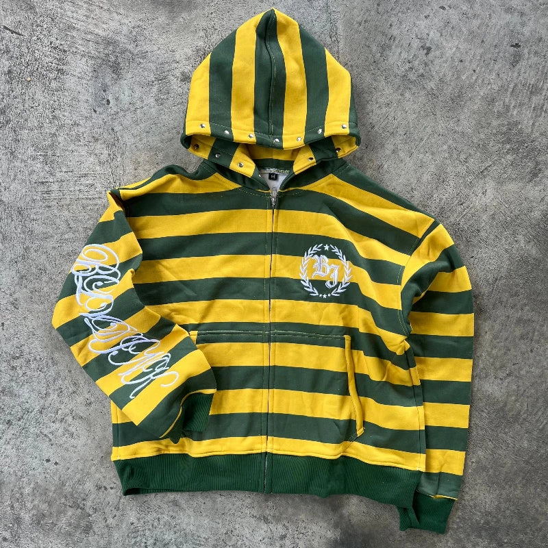 Y2K Stripe Rivet Embroidery Zip Up Hoodie side view | MAUVSTUDIO®