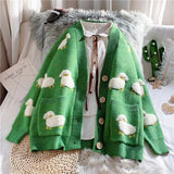 Sheep Embroidery Knitted Cardigan-Green-L-Mauv Studio