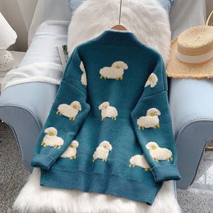 Sheep Embroidery Knitted Cardigan-Mauv Studio