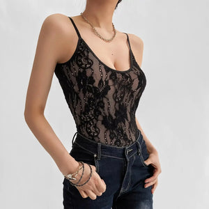 Sheer Lace Bodysuit with lace trim, Y2K bodysuit styled with low rise bottoms